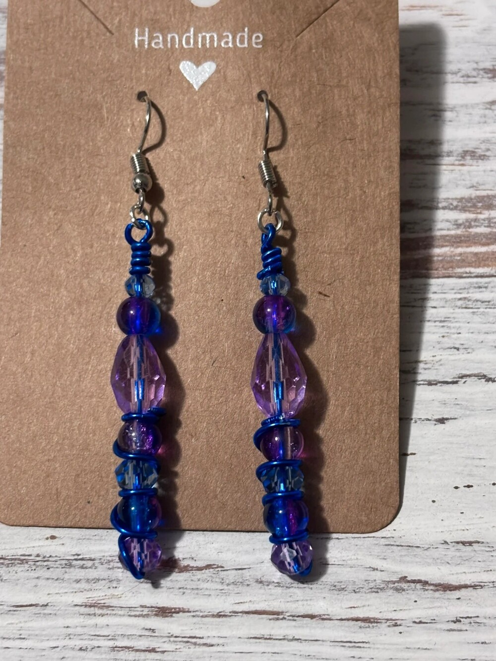 Handmade Blue & Purple Beaded Wire Wrapped Dangle Earrings